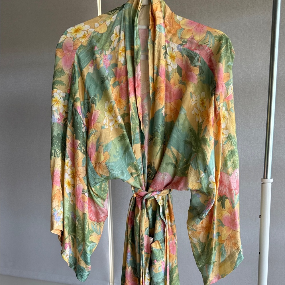 Spell Floral Satin Robe in Green, Pink, Yellow